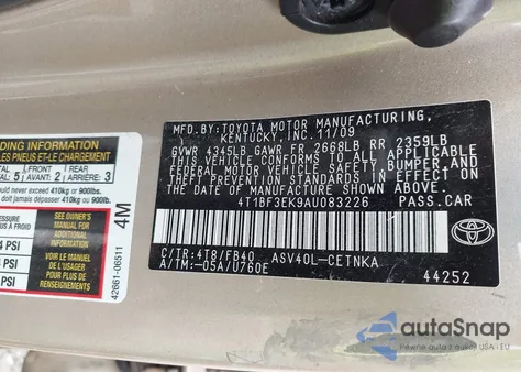 2010 Toyota Camry Le from USA, damaged, VIN 4T1BF3EK9AU083226